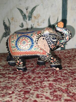 Hand-Painted Rajasthani Elephant Showpiece – Black & Multicolor