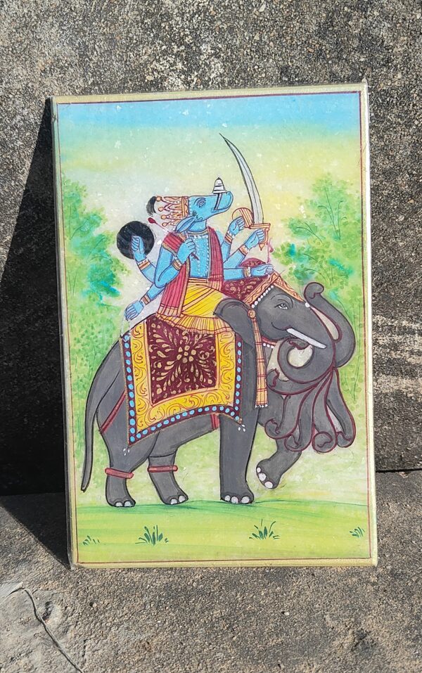 Handmade Rajasthani Miniature Painting of Blue Deity Riding an Elephant